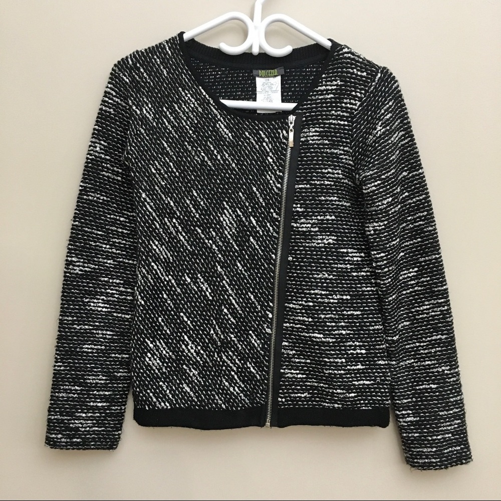 DOLCEZZA Black Tweed Knit Asymmetrical Zip Cardigan Jacket Women’s XS